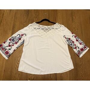 New Directions White Embroidered Floral Lace Blouse 3/4 Sleeve XL